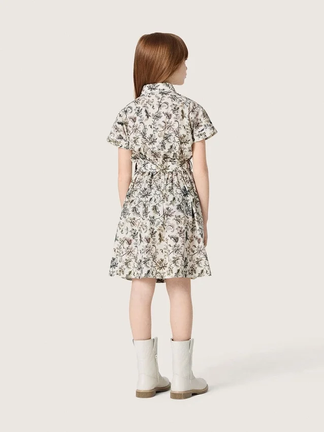 Journey girls’ dress in white cotton canvas with green floral print