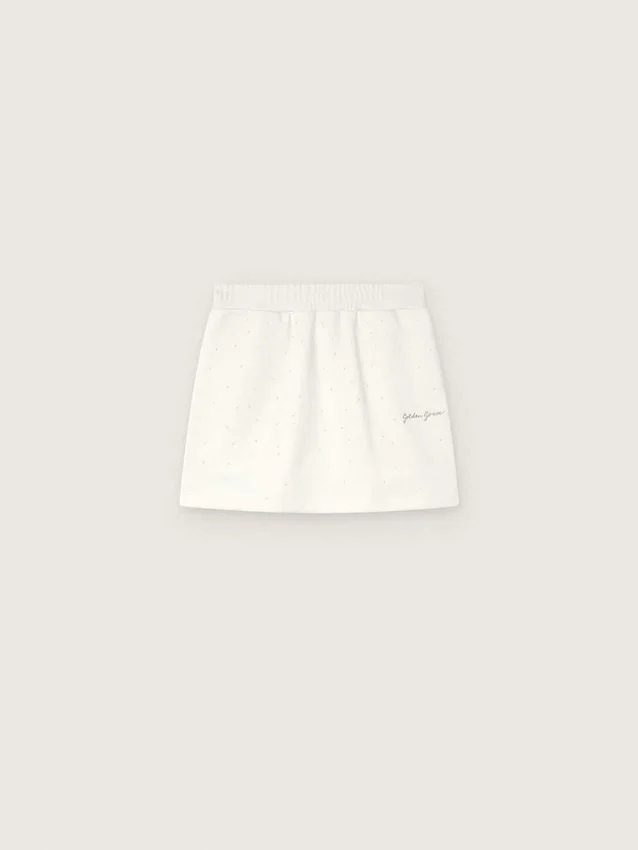 Journey girls’ miniskirt in white cotton fleece with crystals and embroidery