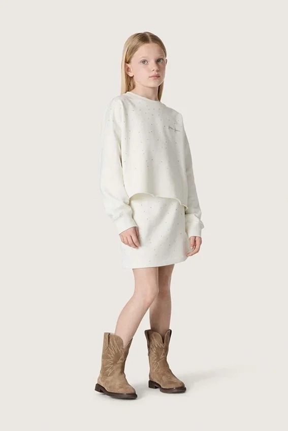 Journey girls’ miniskirt in white cotton fleece with crystals and embroidery