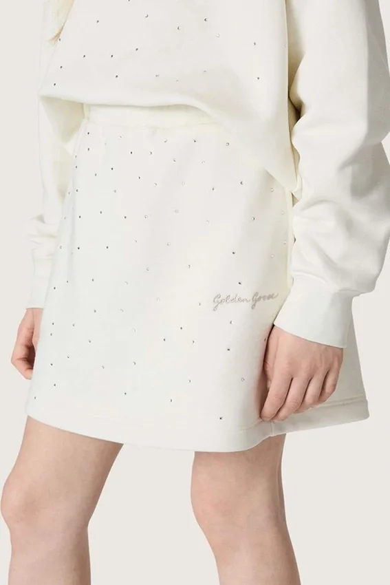 Journey girls’ miniskirt in white cotton fleece with crystals and embroidery