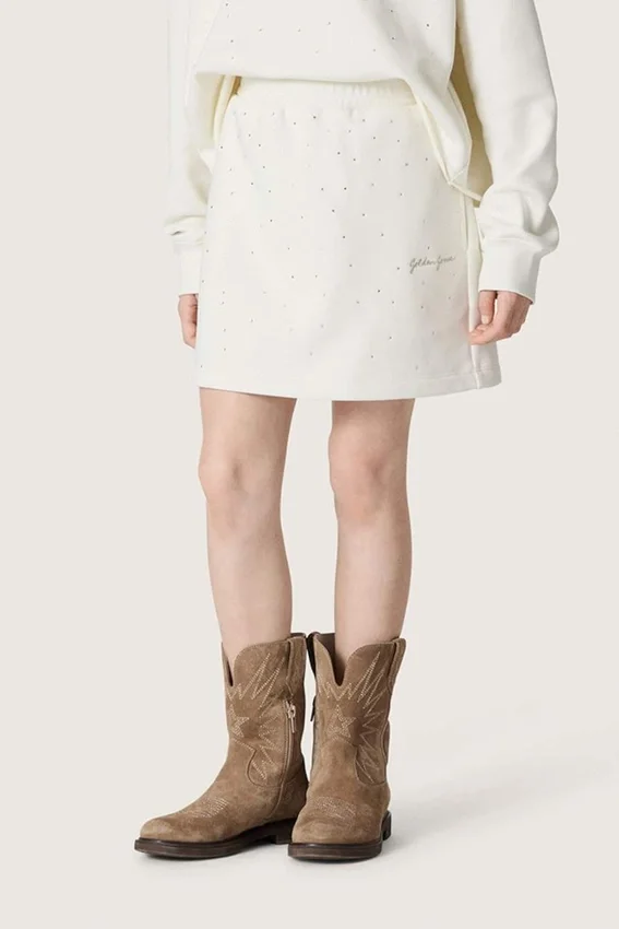 Journey girls’ miniskirt in white cotton fleece with crystals and embroidery