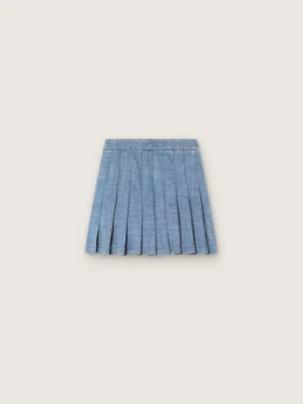 Journey girls’ pleated miniskirt in light blue cotton chambray with embroidered logo