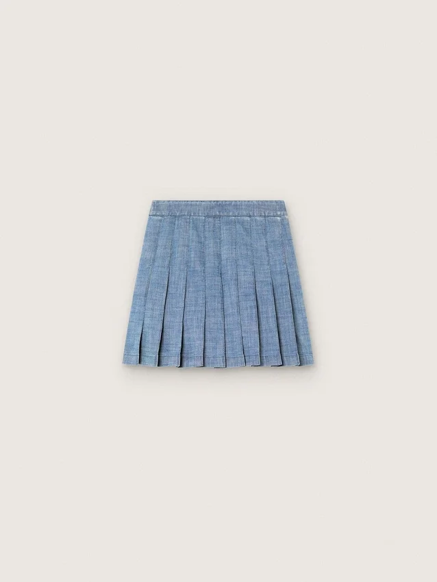 Journey girls’ pleated miniskirt in light blue cotton chambray with embroidered logo
