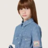 Journey girls’ short-sleeved shirt dress in light blue cotton chambray with embroidered patch