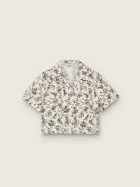 Journey girls’ short-sleeved shirt in white cotton canvas with a green floral print