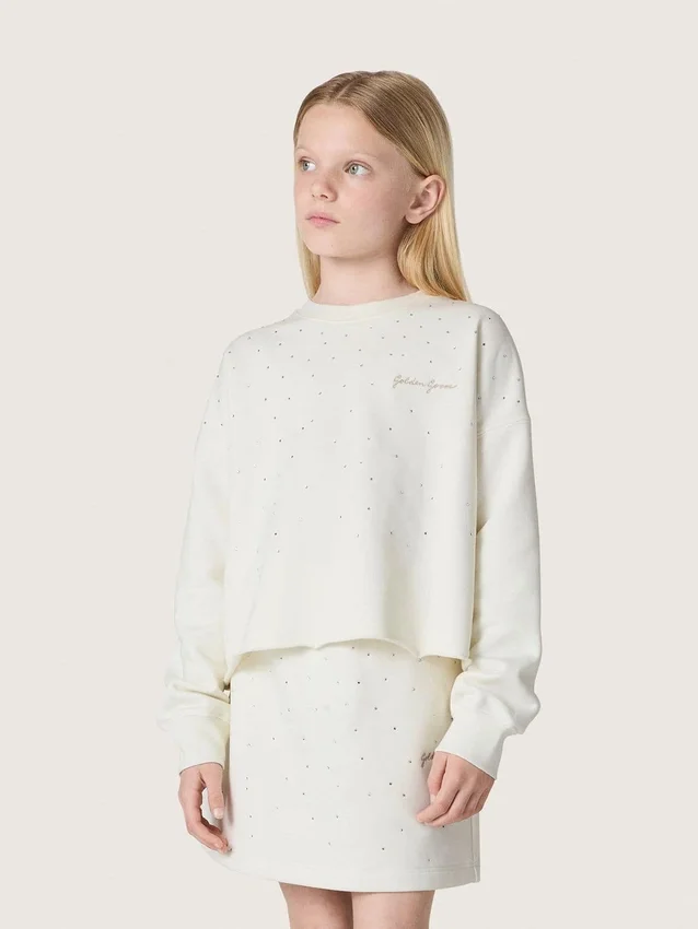 Journey girls’ sweatshirt in white cotton with crystals and logo