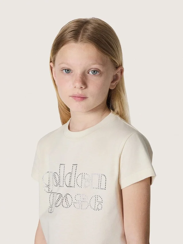 Journey girls’ T-shirt in white cotton jersey with silver studs