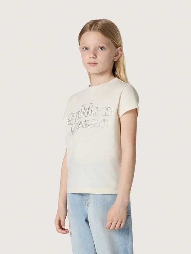 Journey girls’ T-shirt in white cotton jersey with silver studs