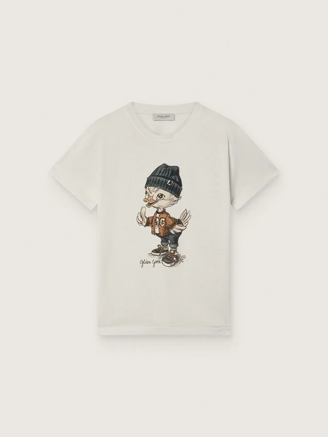 Journey T-shirt for boys in white cotton jersey with digital mascot print