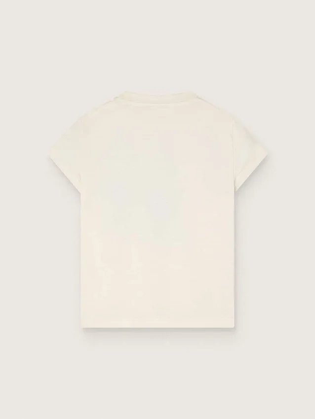 Journey T-shirt for girls in white cotton jersey with digital mascot print and crystal appliqués