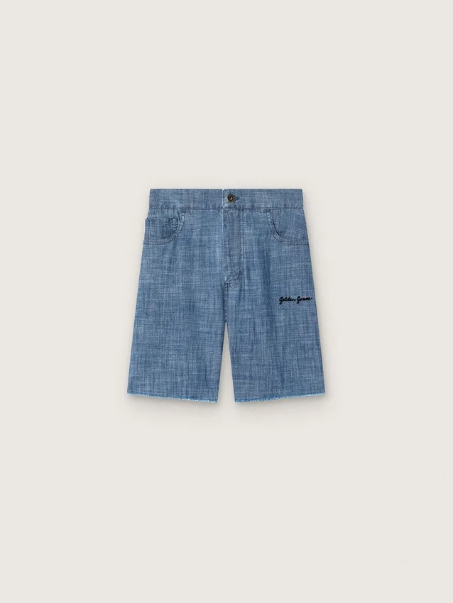 Journey unisex shorts in light blue cotton chambray with embroidered logo