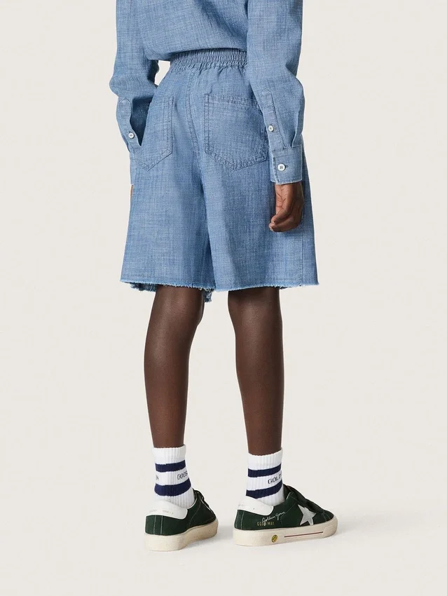 Journey unisex shorts in light blue cotton chambray with embroidered logo