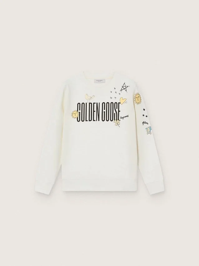 Journey unisex sweatshirt in white cotton blend with doodle print