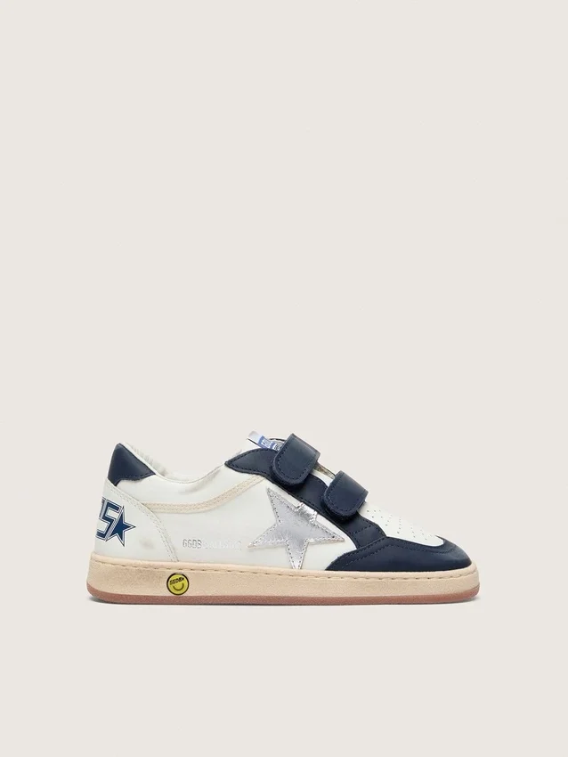 Junior Ball Star in white leather with metallic silver leather star and dark blue leather inserts