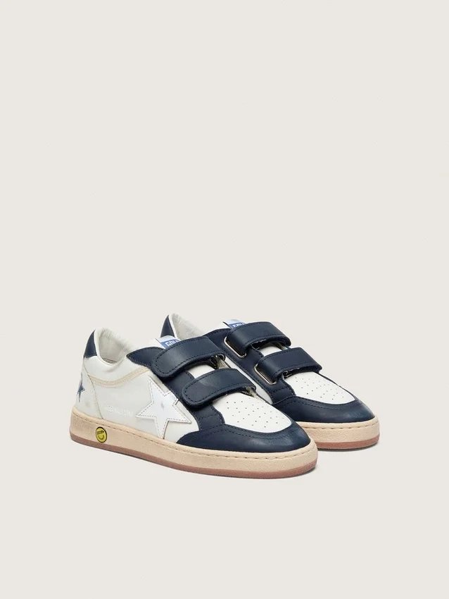 Junior Ball Star in white leather with metallic silver leather star and dark blue leather inserts
