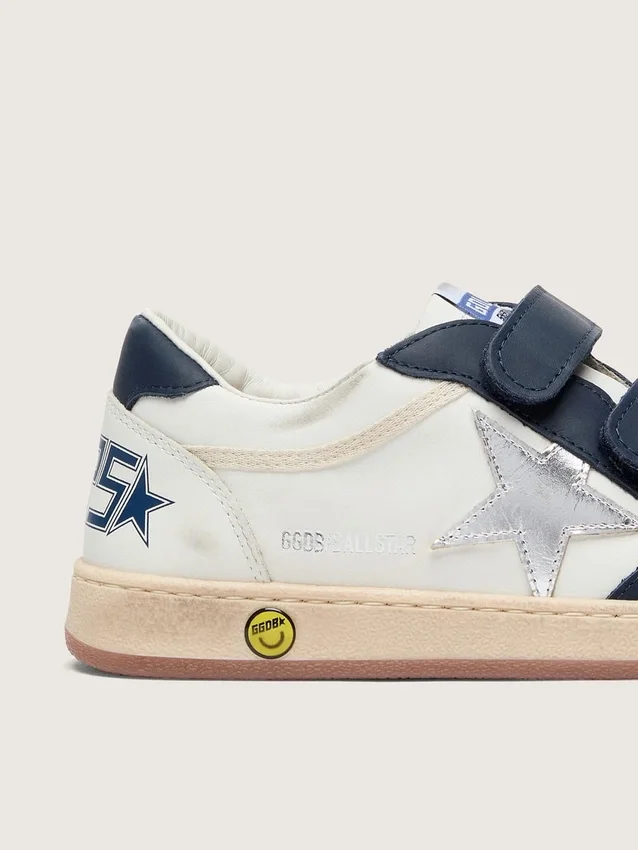 Junior Ball Star in white leather with metallic silver leather star and dark blue leather inserts