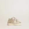 Junior June in sand-colored metallic suede with white leather star and heel tab