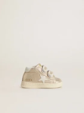 Junior June in sand-colored metallic suede with white leather star and heel tab