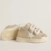 Junior June in sand-colored metallic suede with white leather star and heel tab