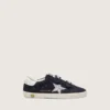 Junior Old School in blue suede with silver glitter star and white leather heel tab