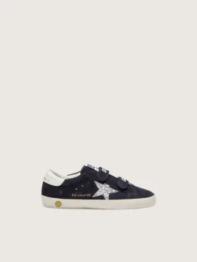 Junior Old School in blue suede with silver glitter star and white leather heel tab