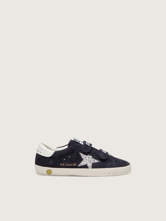 Junior Old School in blue suede with silver glitter star and white leather heel tab