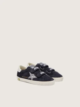 Junior Old School in blue suede with silver glitter star and white leather heel tab