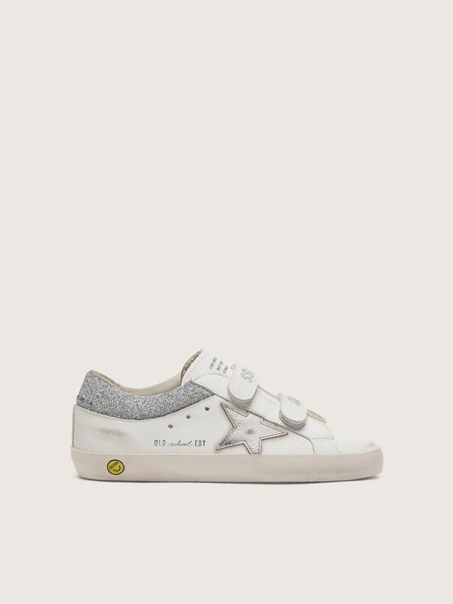Junior Old School in white leather with metallic silver leather star and silver crystal inserts