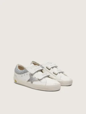 Junior Old School in white leather with metallic silver leather star and silver crystal inserts