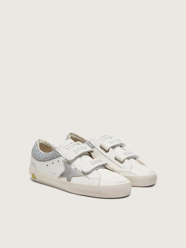 Junior Old School in white leather with metallic silver leather star and silver crystal inserts