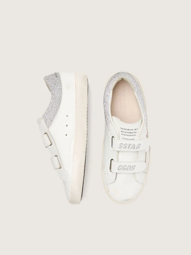 Junior Old School in white leather with metallic silver leather star and silver crystal inserts