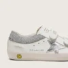 Junior Old School in white leather with metallic silver leather star and silver crystal inserts