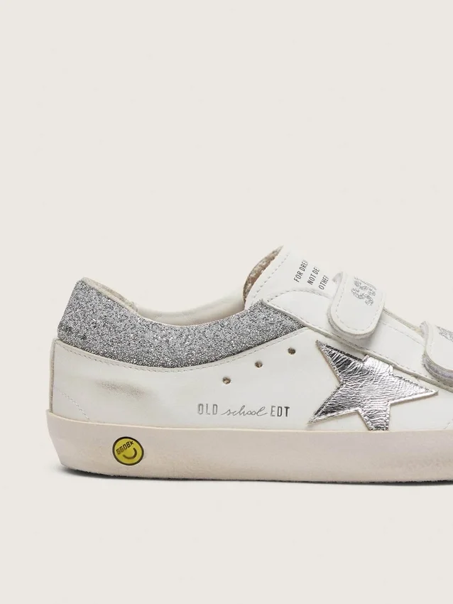 Junior Old School in white leather with metallic silver leather star and silver crystal inserts