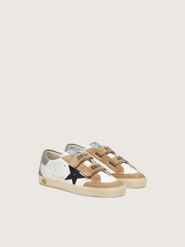 Junior Old School with black leather star and beige and green suede inserts