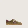 Junior Super-Star in military-green suede with burgundy leather star and heel tab