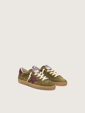 Junior Super-Star in military-green suede with burgundy leather star and heel tab