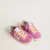 Junior Super-Star in pink suede with light yellow star and heel tab