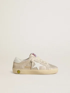 Junior Super-Star in sand-colored laminated-effect suede with white leather star