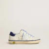 Junior Super-Star in white leather with blue suede heel tab