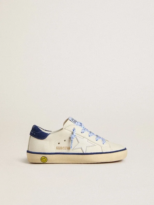 Junior Super-Star in white leather with blue suede heel tab