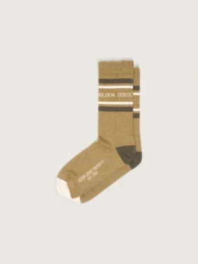 Khaki-colored socks with distressed details and dark green and white stripes