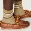 Khaki-colored socks with distressed details and dark green and white stripes