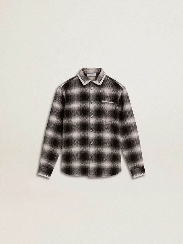 Kids' black and white checked shirt with white embroidery