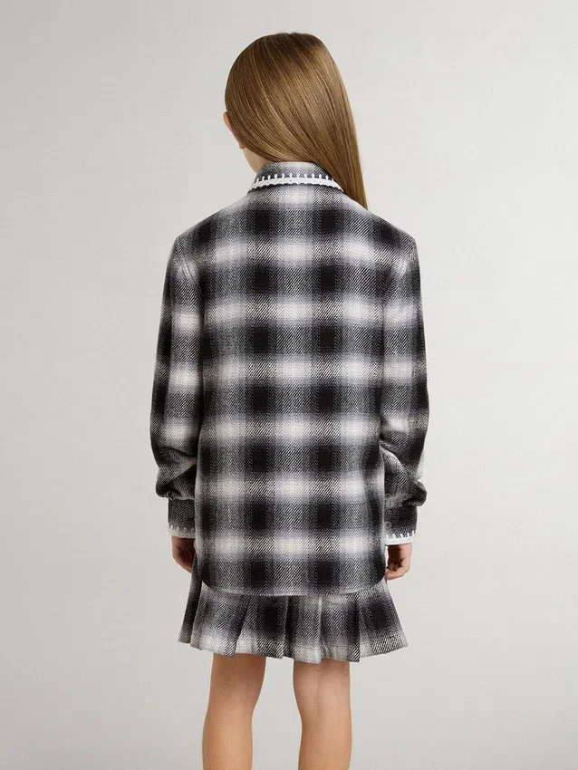 Kids' black and white checked shirt with white embroidery