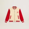 Kids' bomber jacket in beige and red cotton with embroidery on the chest