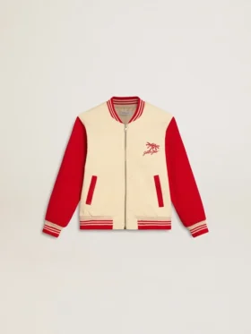 Kids' bomber jacket in beige and red cotton with embroidery on the chest