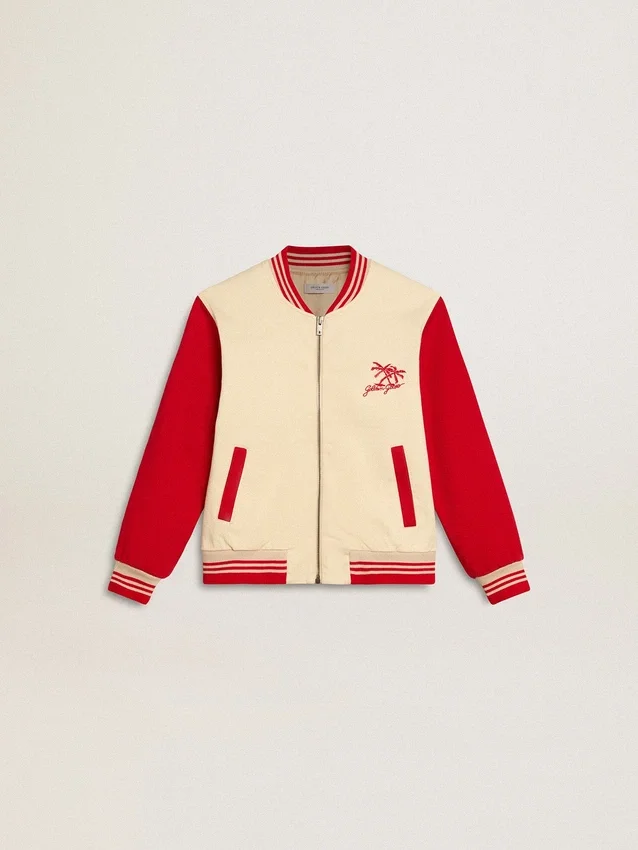 Kids' bomber jacket in beige and red cotton with embroidery on the chest