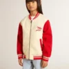 Kids' bomber jacket in beige and red cotton with embroidery on the chest