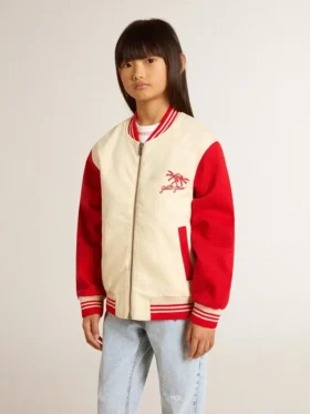 Kids’ bomber jacket in beige and red cotton with embroidery on the chest