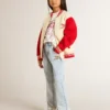 Kids' bomber jacket in beige and red cotton with embroidery on the chest